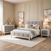 King Bedroom Set, Upholstered Design, Gray White, 4pc w 2 Nightstands, Dresser