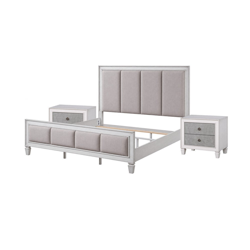 King Bedroom Set, Upholstered Design, Gray White, 3pc w 2 Nightstands