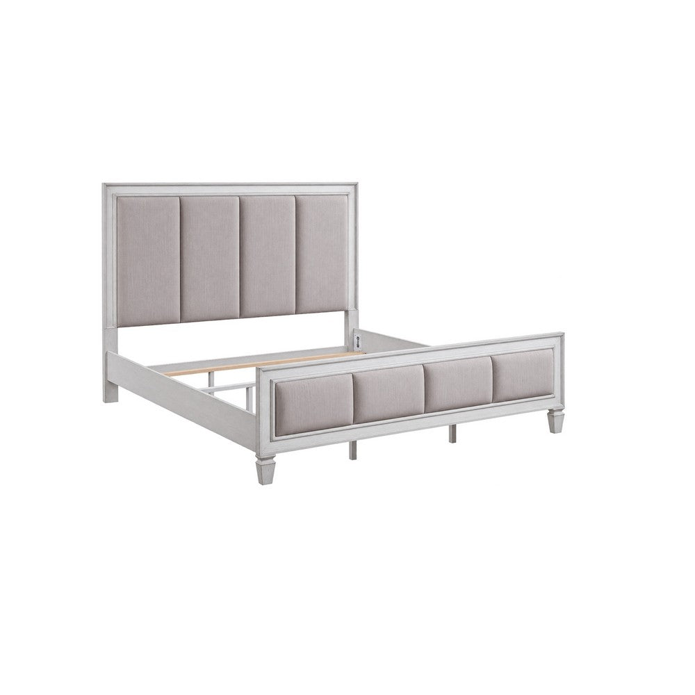 King Bedroom Set, Upholstered Design, Gray White, 3pc w 2 Nightstands