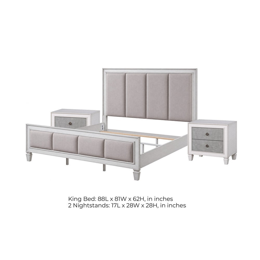 King Bedroom Set, Upholstered Design, Gray White, 3pc w 2 Nightstands