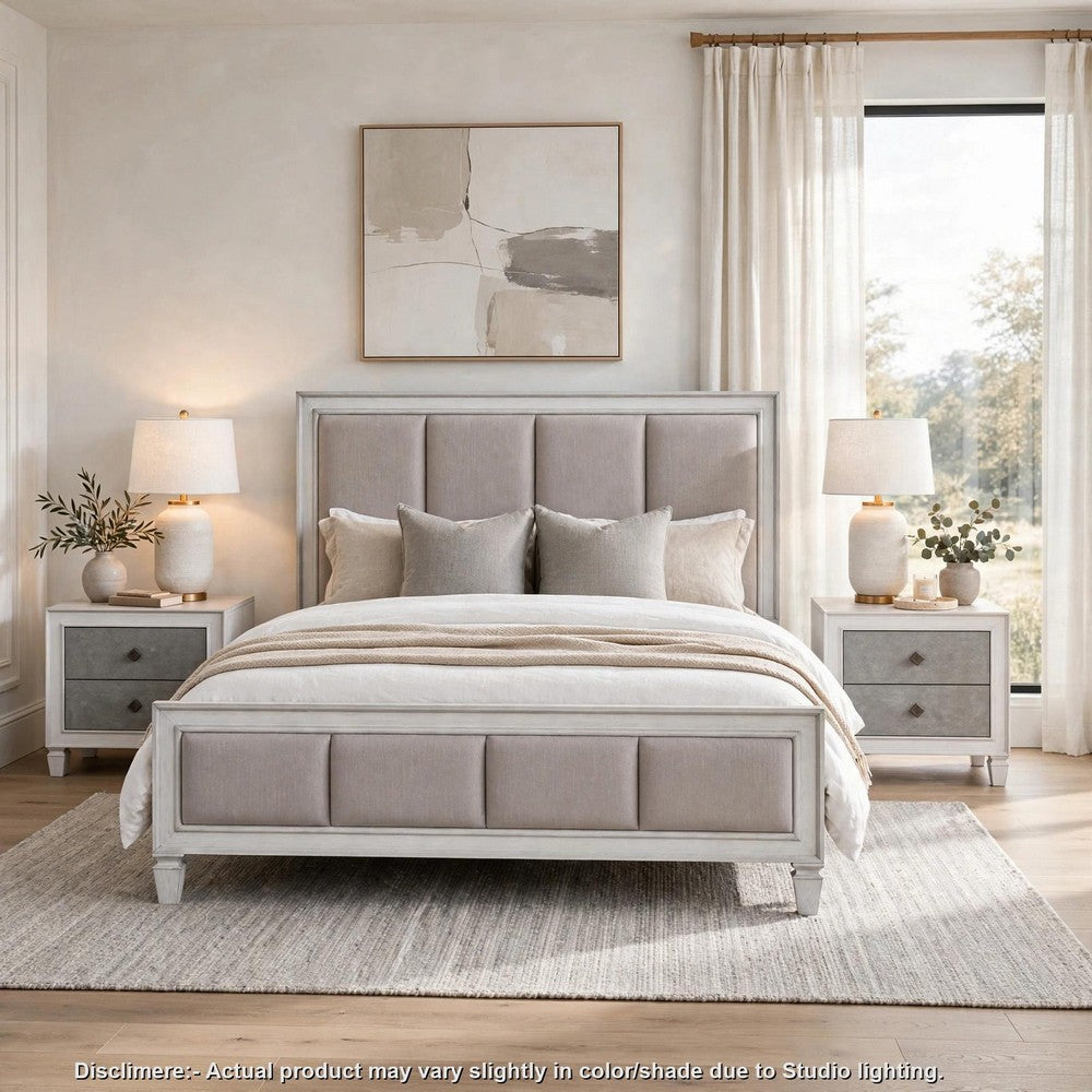 King Bedroom Set, Upholstered Design, Gray White, 3pc w 2 Nightstands
