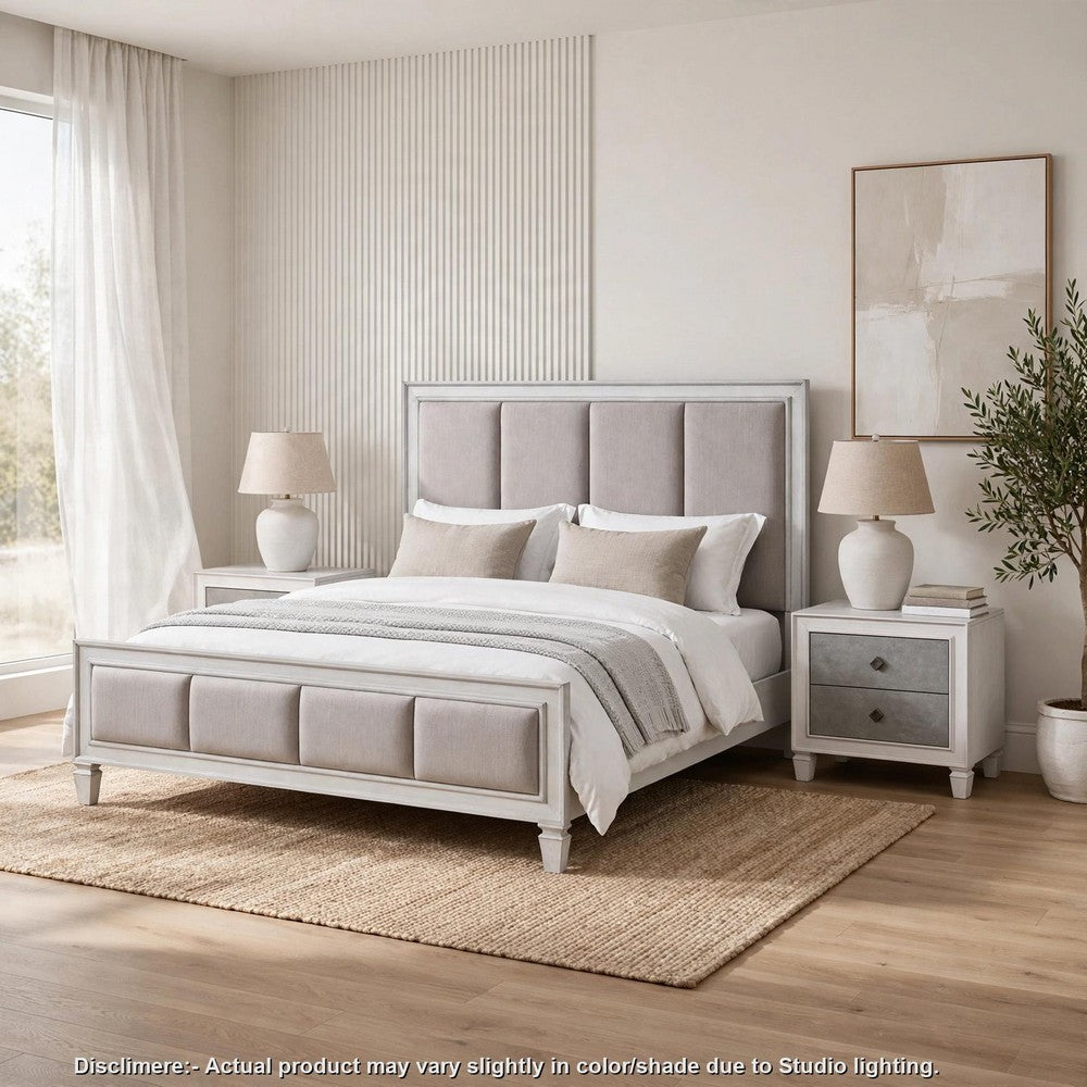 King Bedroom Set, Upholstered Design, Gray White, 3pc w 2 Nightstands