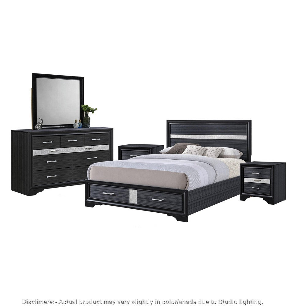 Queen Bedroom Set, Black Gray, 5pc w 2 Nightstands, Dresser, Mirror