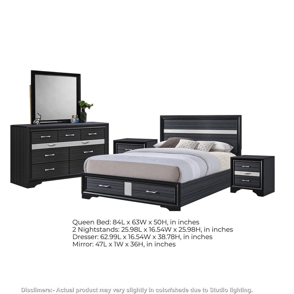 Queen Bedroom Set, Black Gray, 5pc w 2 Nightstands, Dresser, Mirror