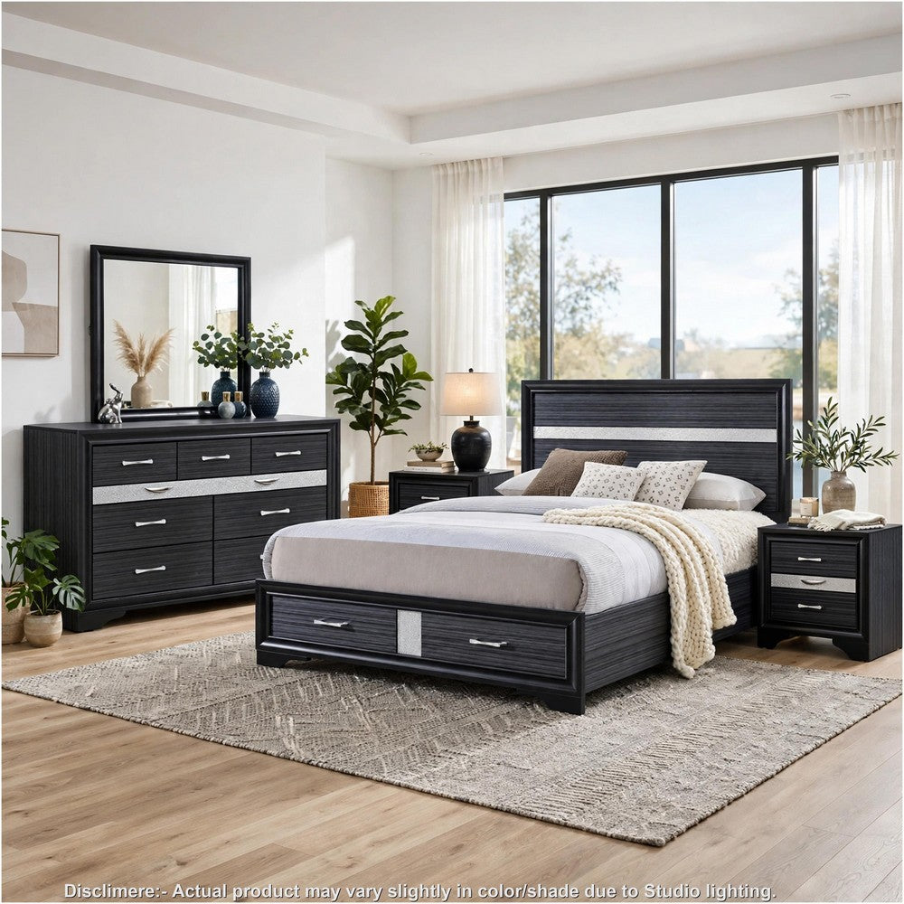 Queen Bedroom Set, Black Gray, 5pc w 2 Nightstands, Dresser, Mirror