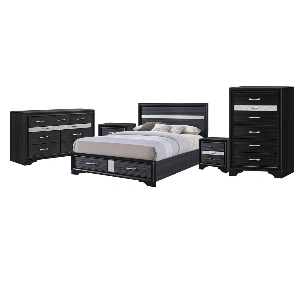 Queen Bedroom Set, Black Gray, 5pc w 2 Nightstands, Dresser, Chest