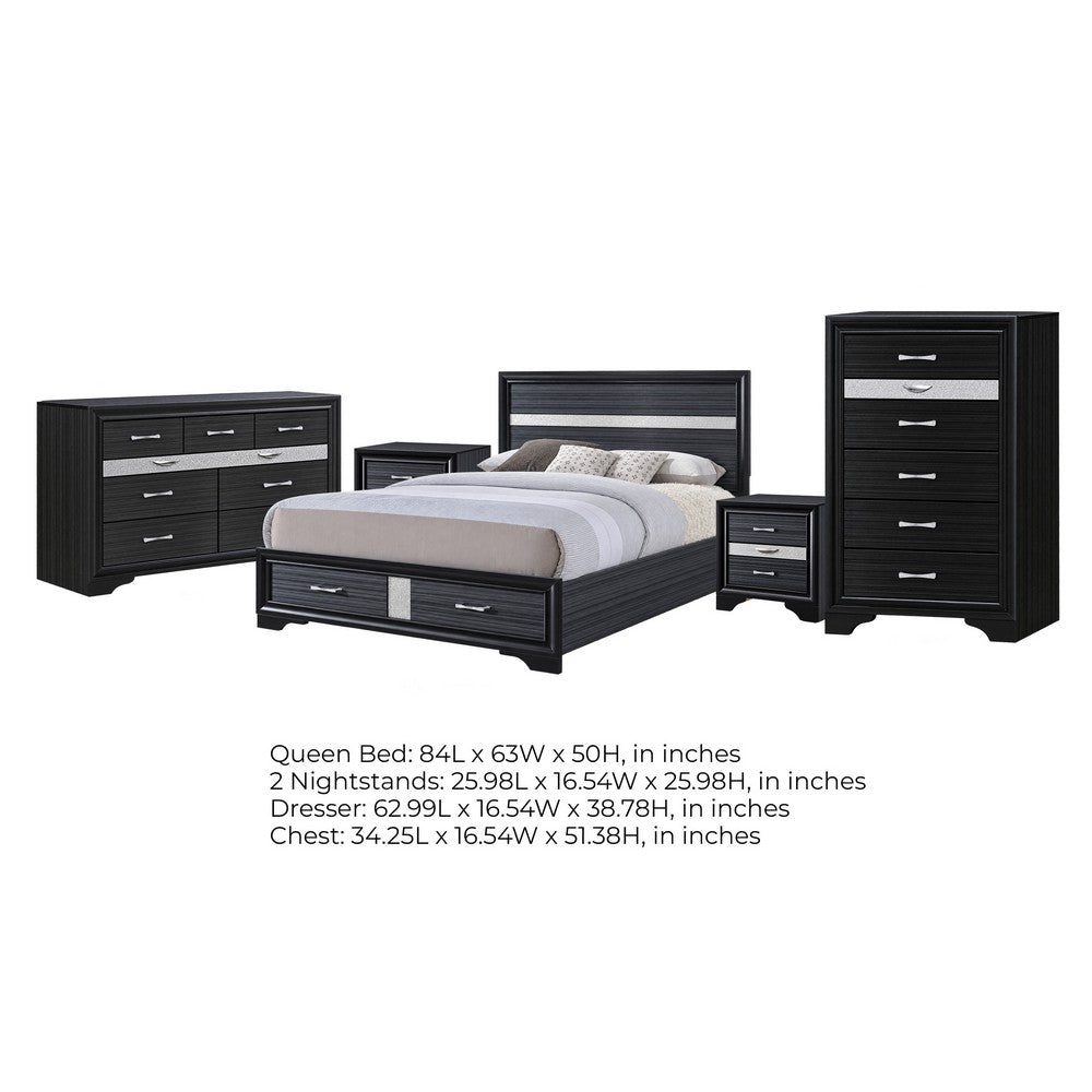 Queen Bedroom Set, Black Gray, 5pc w 2 Nightstands, Dresser, Chest