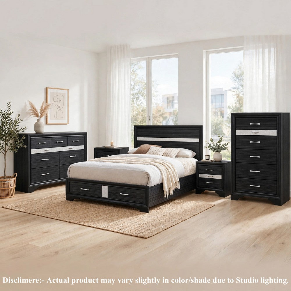 Queen Bedroom Set, Black Gray, 5pc w 2 Nightstands, Dresser, Chest