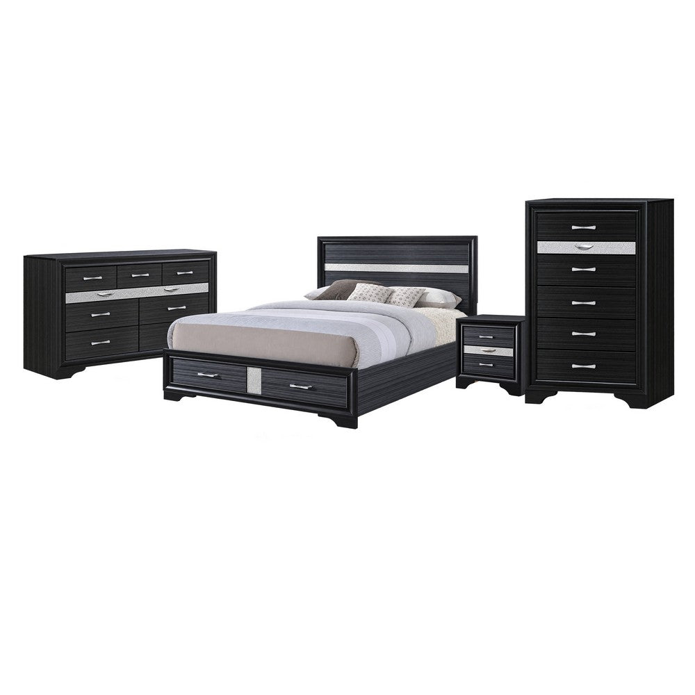 Queen Bedroom Set, Black Gray, 4pc w Nightstand, Dresser, Chest