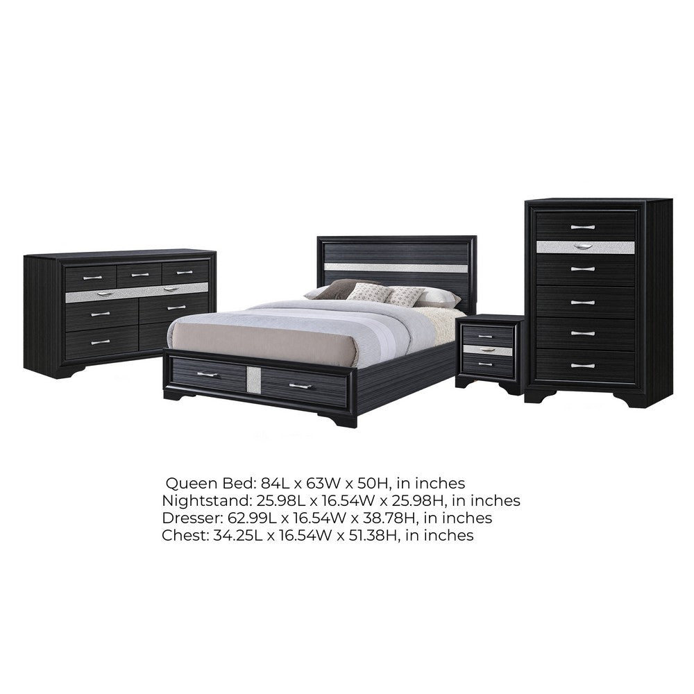 Queen Bedroom Set, Black Gray, 4pc w Nightstand, Dresser, Chest