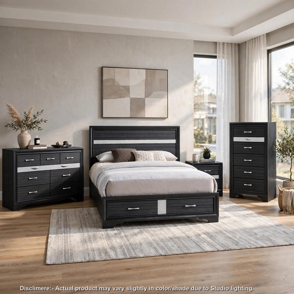 Queen Bedroom Set, Black Gray, 4pc w Nightstand, Dresser, Chest