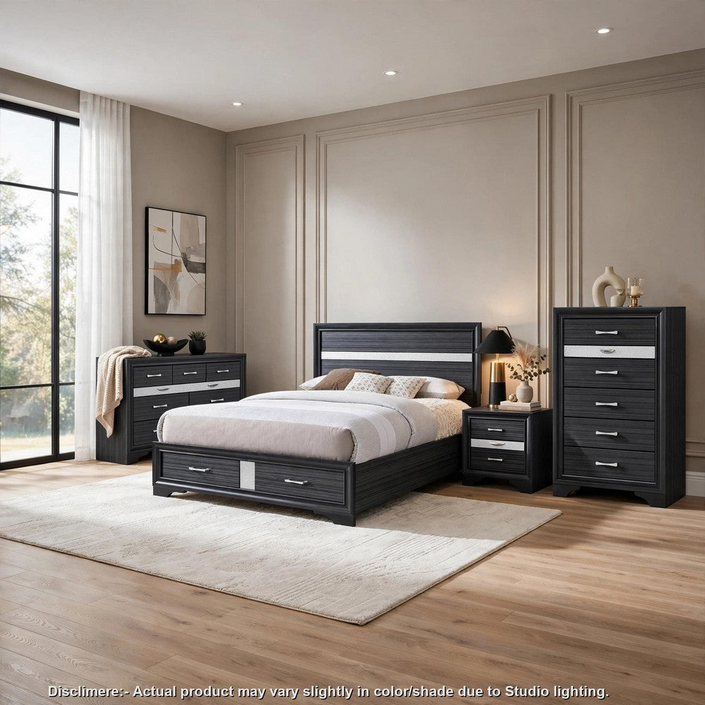 Queen Bedroom Set, Black Gray, 4pc w Nightstand, Dresser, Chest