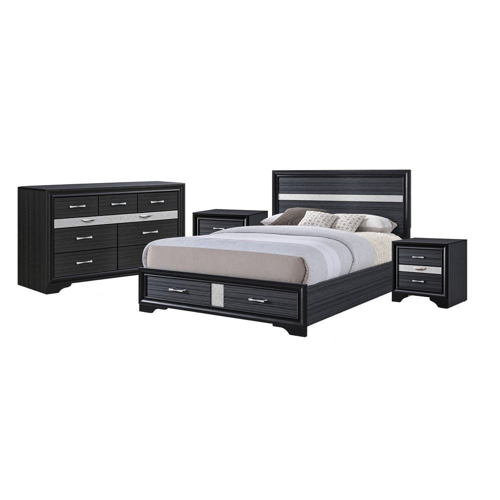 Queen Bedroom Set, Black Gray, 4pc w 2 Nightstands, Dresser