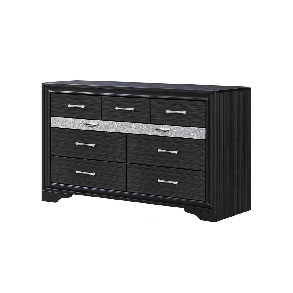 Queen Bedroom Set, Black Gray, 4pc w 2 Nightstands, Dresser