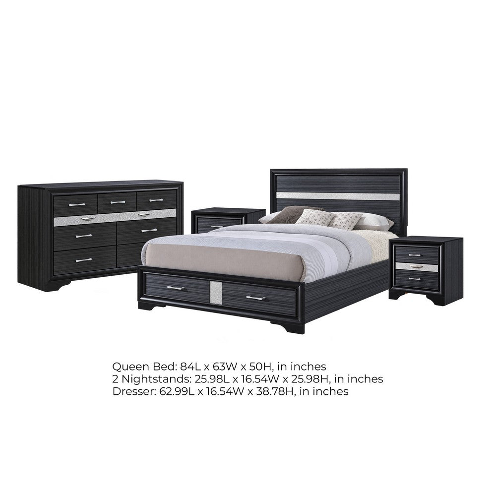 Queen Bedroom Set, Black Gray, 4pc w 2 Nightstands, Dresser