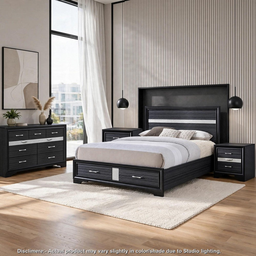 Queen Bedroom Set, Black Gray, 4pc w 2 Nightstands, Dresser
