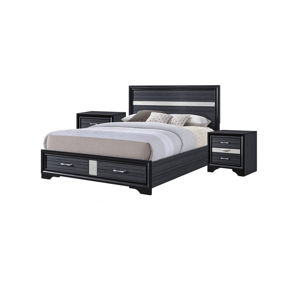 Queen Bedroom Set, Storage Panel Design, Black Gray, 3pc w 2 Nightstands
