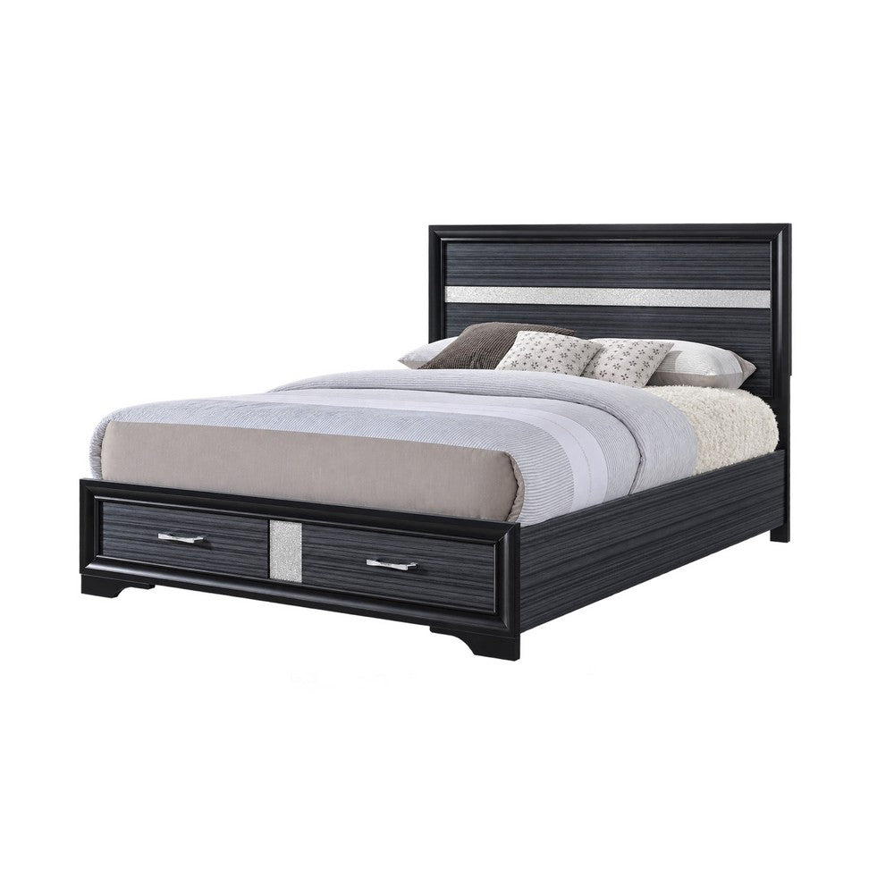 Queen Bedroom Set, Storage Panel Design, Black Gray, 3pc w 2 Nightstands