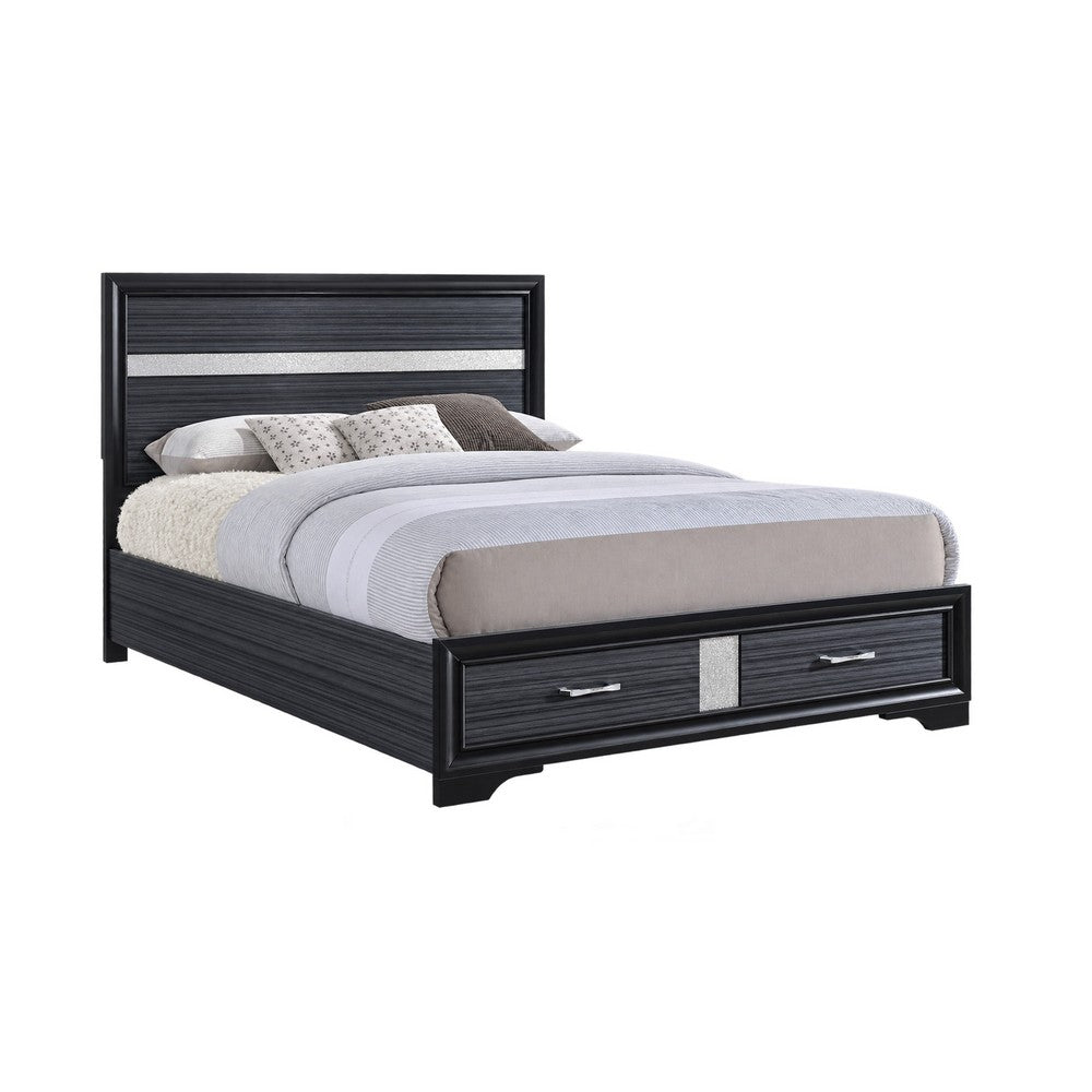 Queen Bedroom Set, Storage Panel Design, Black Gray, 3pc w 2 Nightstands