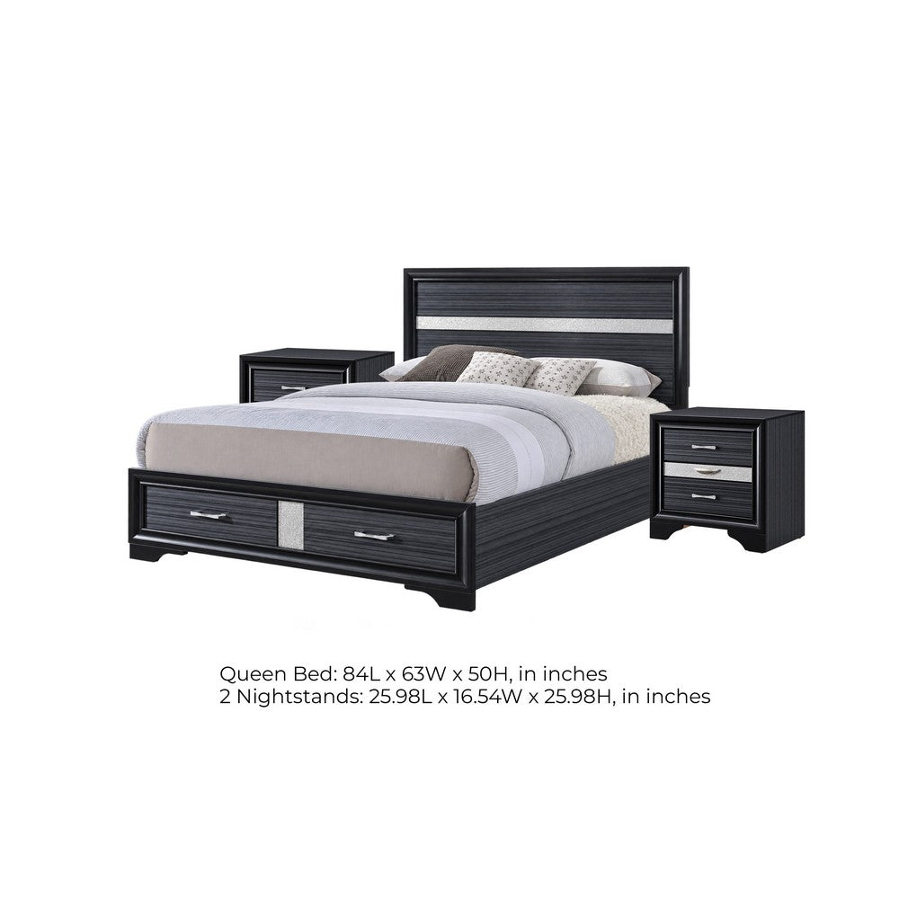 Queen Bedroom Set, Storage Panel Design, Black Gray, 3pc w 2 Nightstands