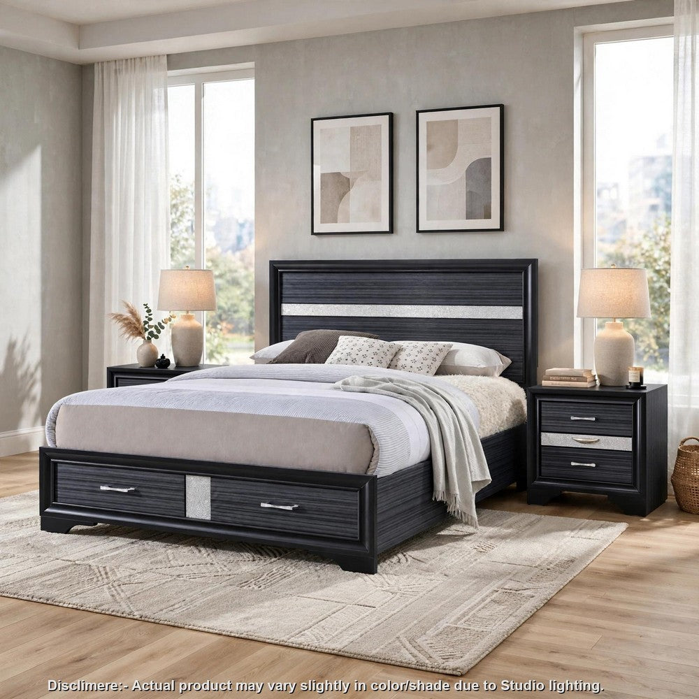 Queen Bedroom Set, Storage Panel Design, Black Gray, 3pc w 2 Nightstands