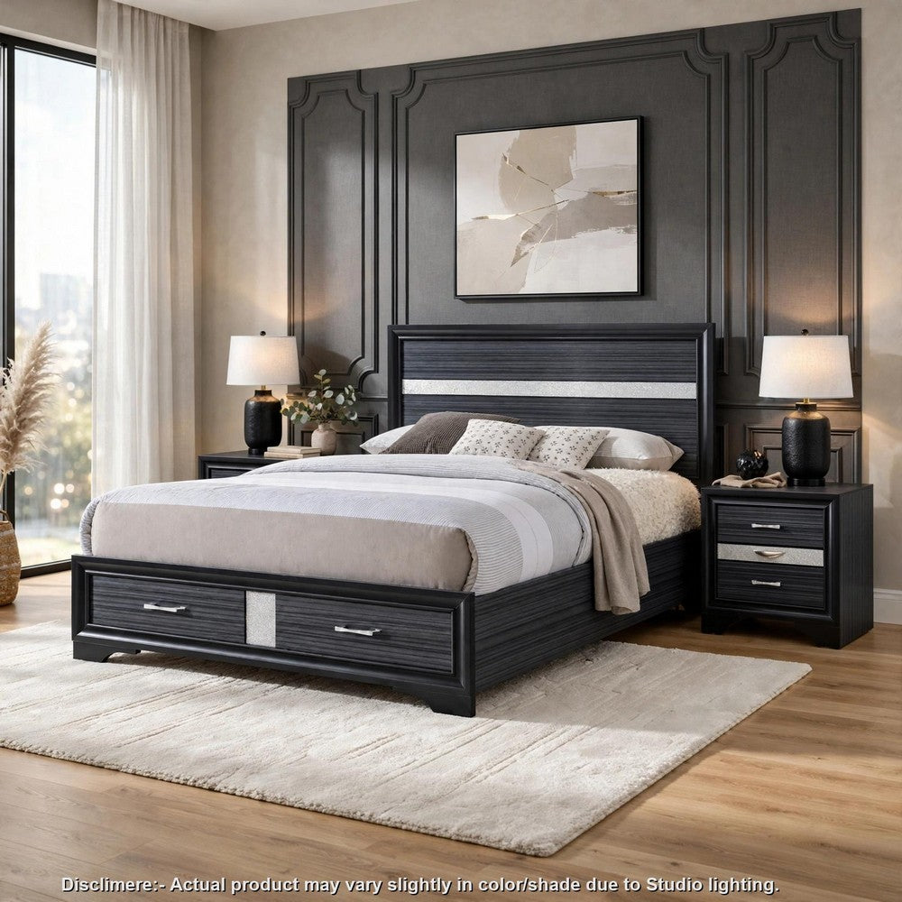 Queen Bedroom Set, Storage Panel Design, Black Gray, 3pc w 2 Nightstands