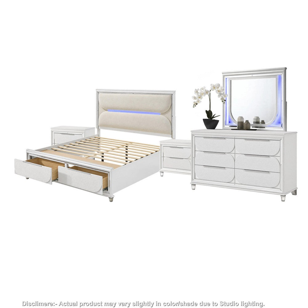 Queen Bedroom Set, Pearl White Silver, 5pc w 2 Nightstands, Dresser