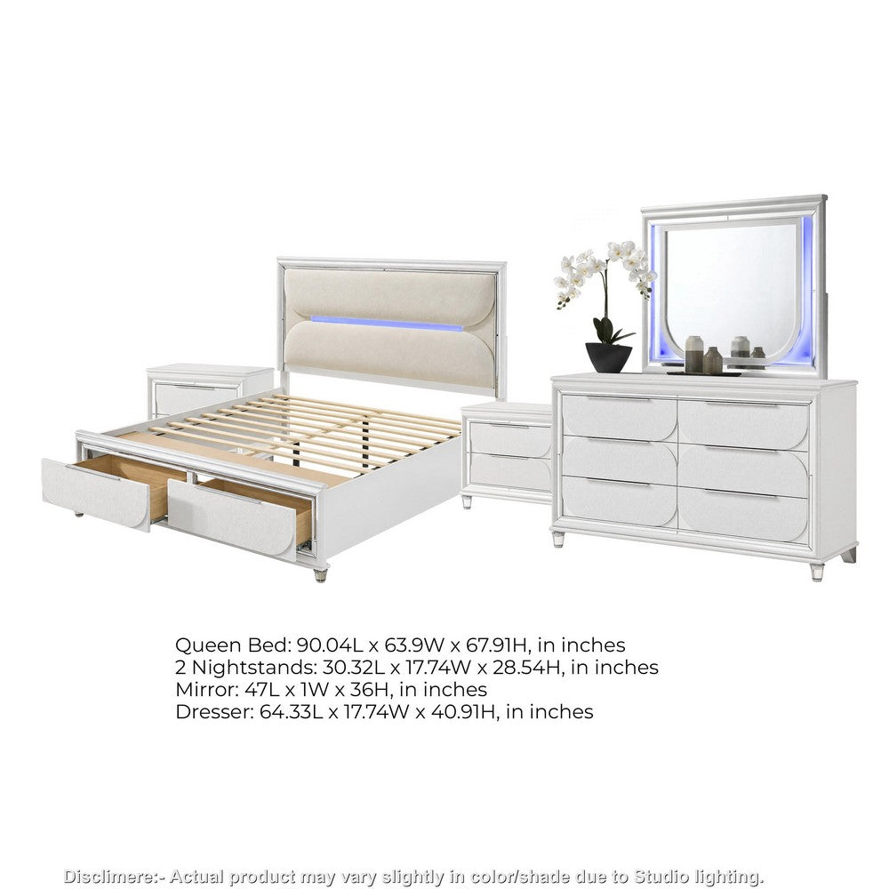Queen Bedroom Set, Pearl White Silver, 5pc w 2 Nightstands, Dresser