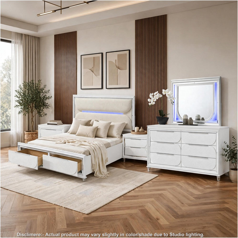 Queen Bedroom Set, Pearl White Silver, 5pc w 2 Nightstands, Dresser