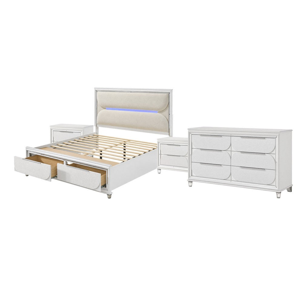 Queen Bedroom Set, Pearl White Silver, 4pc w 2 Nightstands, Dresser