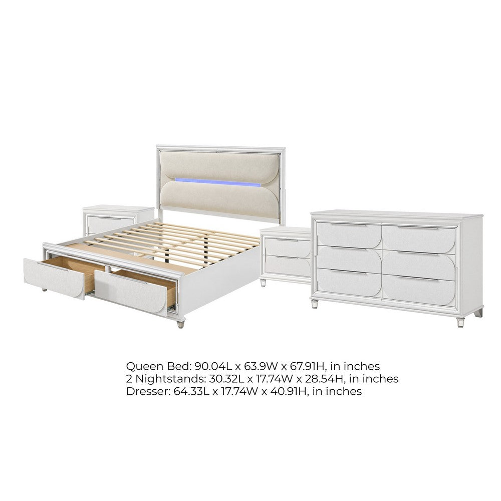 Queen Bedroom Set, Pearl White Silver, 4pc w 2 Nightstands, Dresser