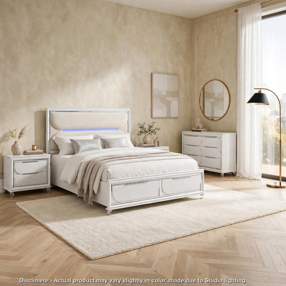 Queen Bedroom Set, Pearl White Silver, 4pc w 2 Nightstands, Dresser