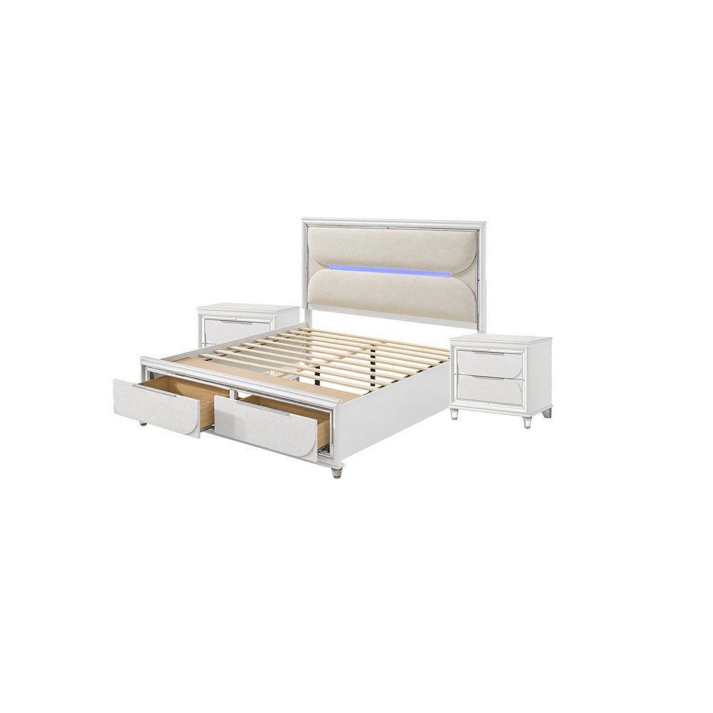 Queen Bedroom Set, Pearl White Silver, 3pc w 2 Nightstands