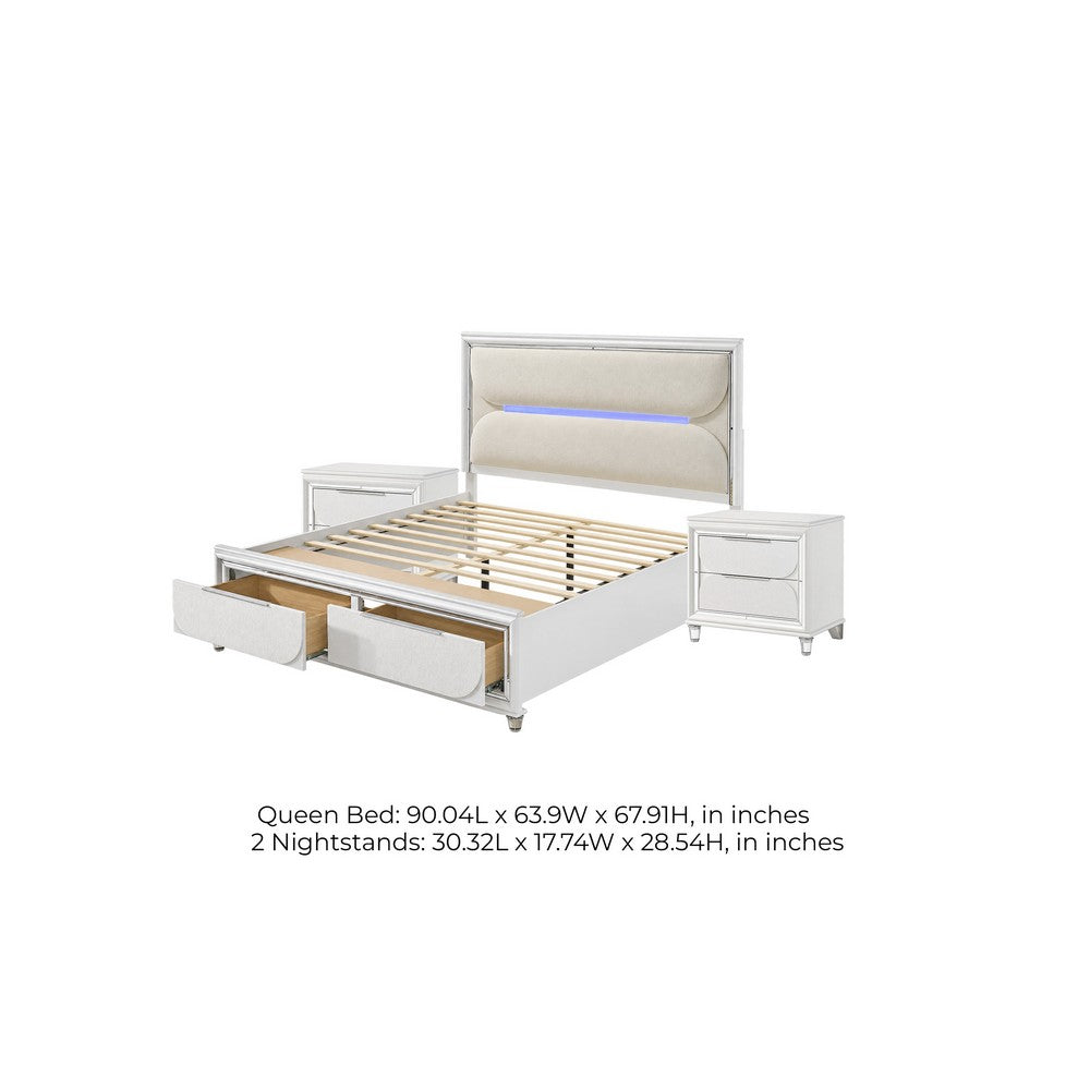 Queen Bedroom Set, Pearl White Silver, 3pc w 2 Nightstands