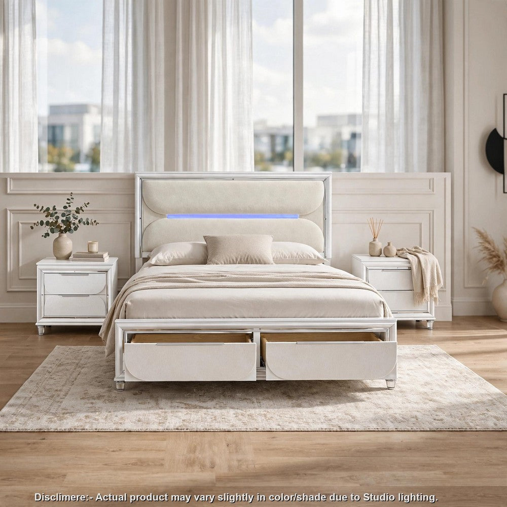 Queen Bedroom Set, Pearl White Silver, 3pc w 2 Nightstands