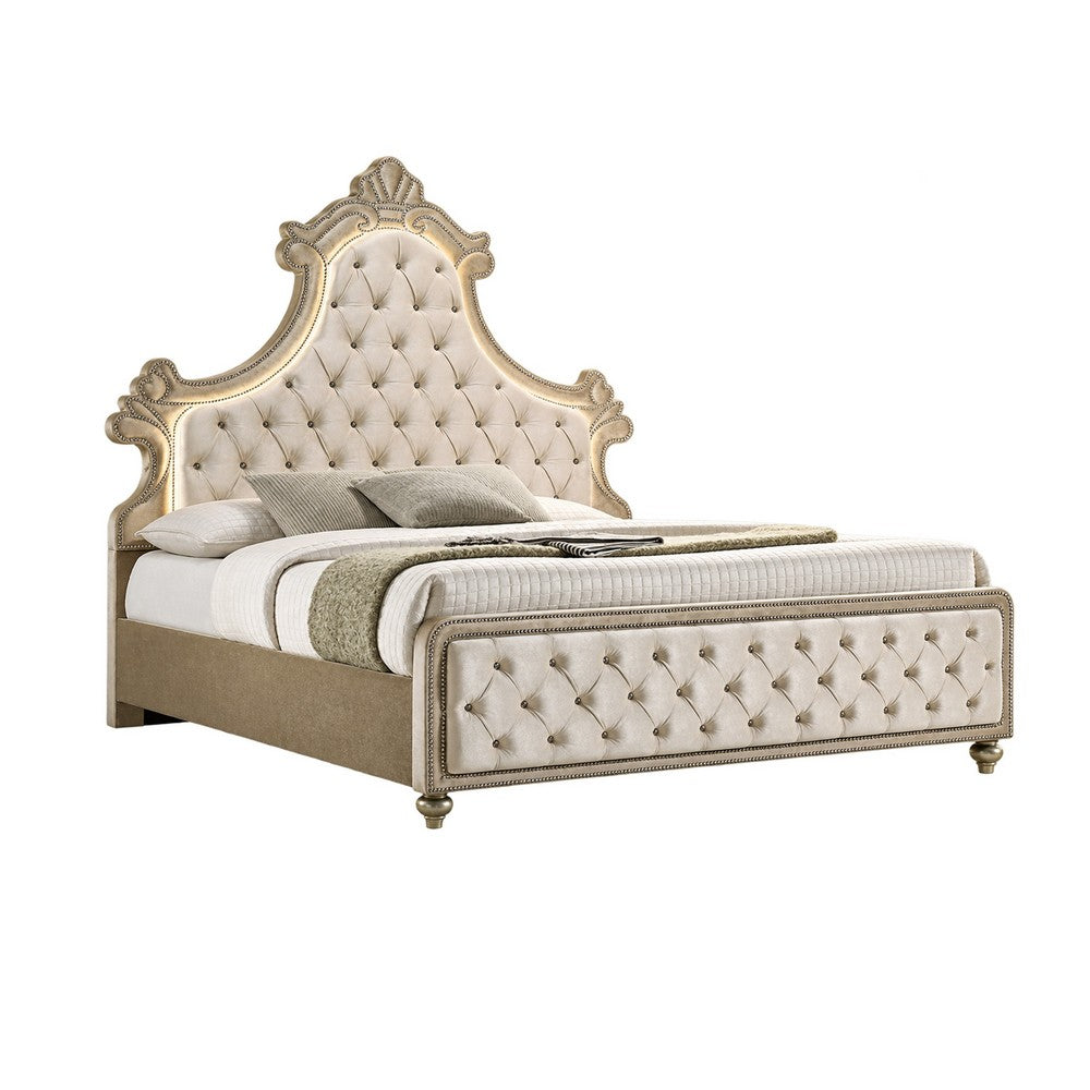 King Bedroom Set, Upholstered Design, Beige Brown, 3pc w 2 Nightstands