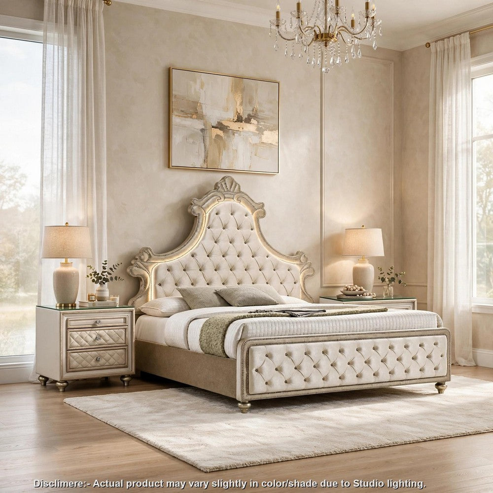 King Bedroom Set, Upholstered Design, Beige Brown, 3pc w 2 Nightstands