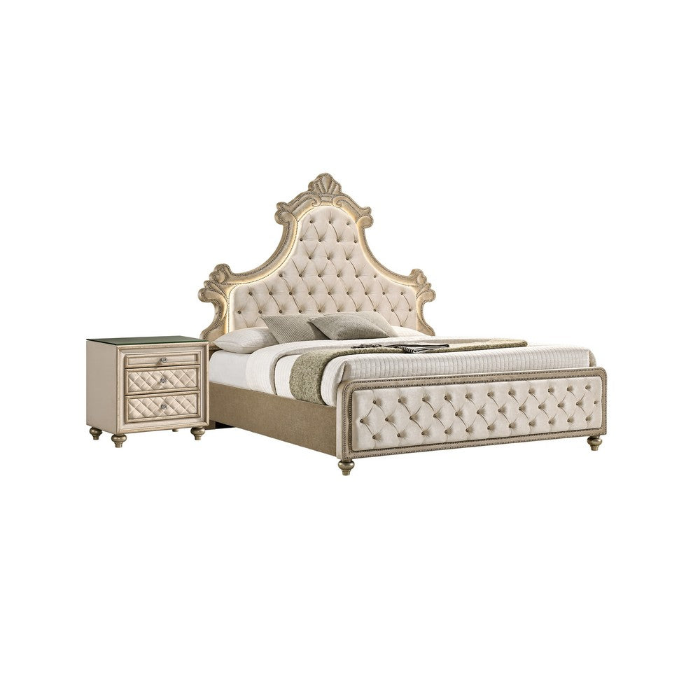 King Bedroom Set, Upholstered Design, Beige Brown, 2pc w Nightstand