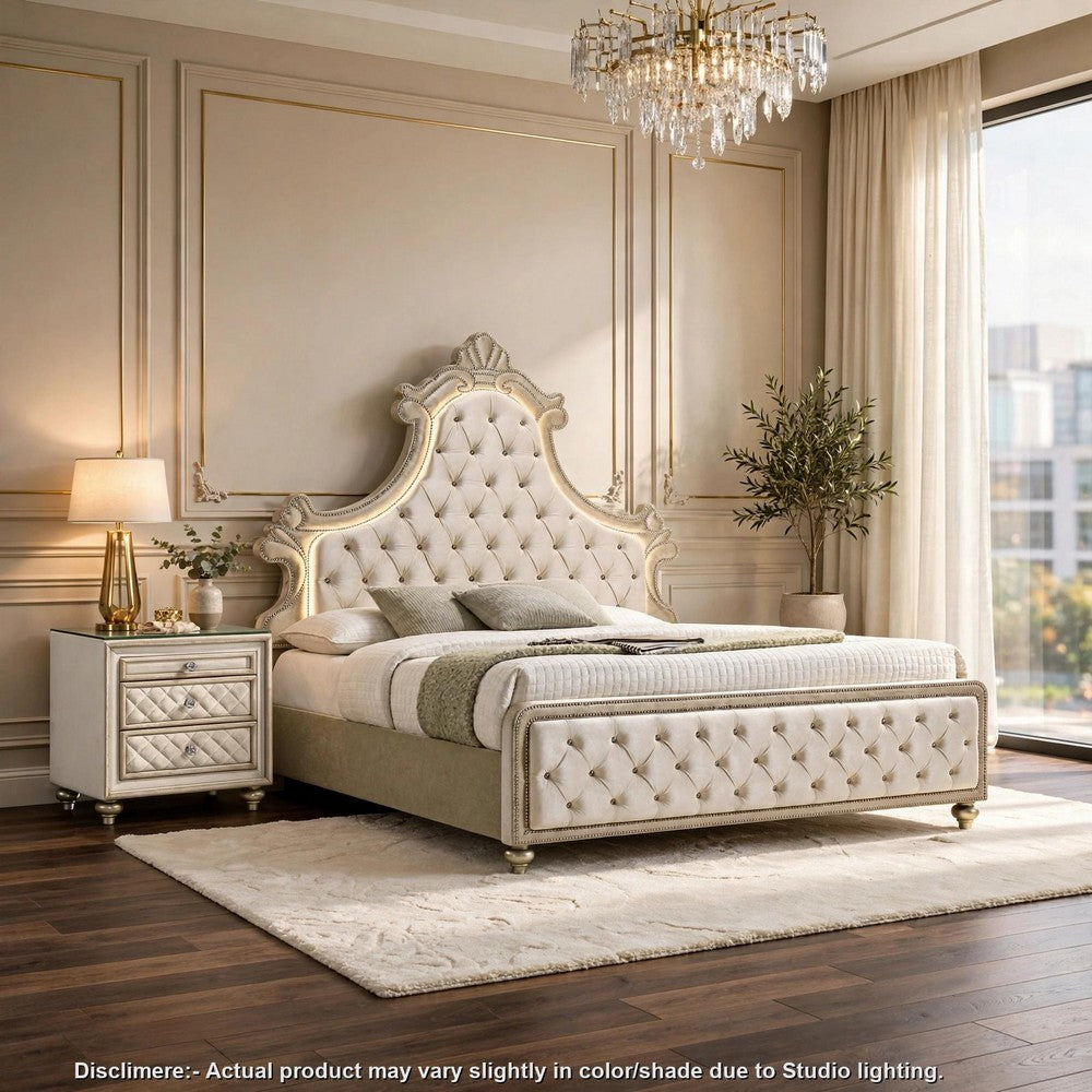 King Bedroom Set, Upholstered Design, Beige Brown, 2pc w Nightstand