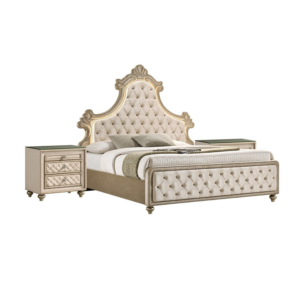 Queen Bedroom Set, Upholstered Design, Beige Brown, 3pc w 2 Nightstands