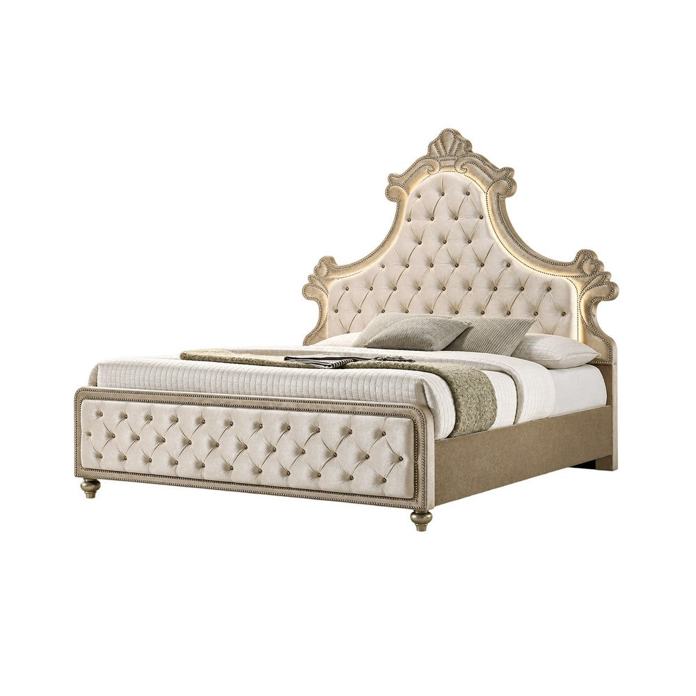 Queen Bedroom Set, Upholstered Design, Beige Brown, 3pc w 2 Nightstands