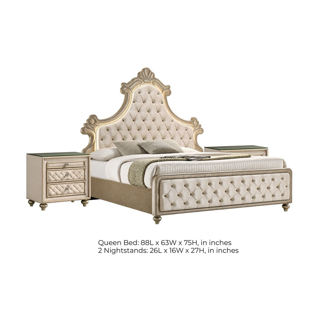 Queen Bedroom Set, Upholstered Design, Beige Brown, 3pc w 2 Nightstands