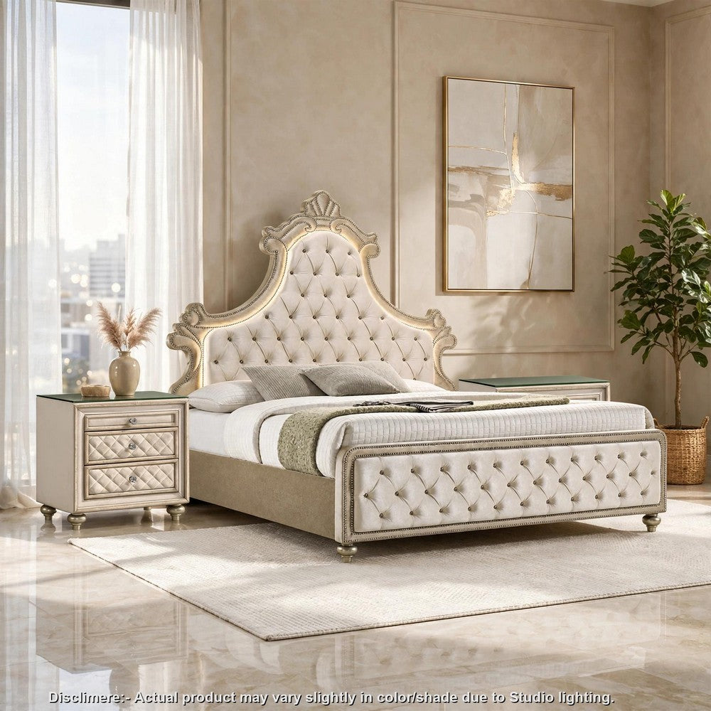 Queen Bedroom Set, Upholstered Design, Beige Brown, 3pc w 2 Nightstands