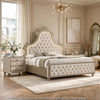 Queen Bedroom Set, Upholstered Design, Beige Brown, 3pc w 2 Nightstands