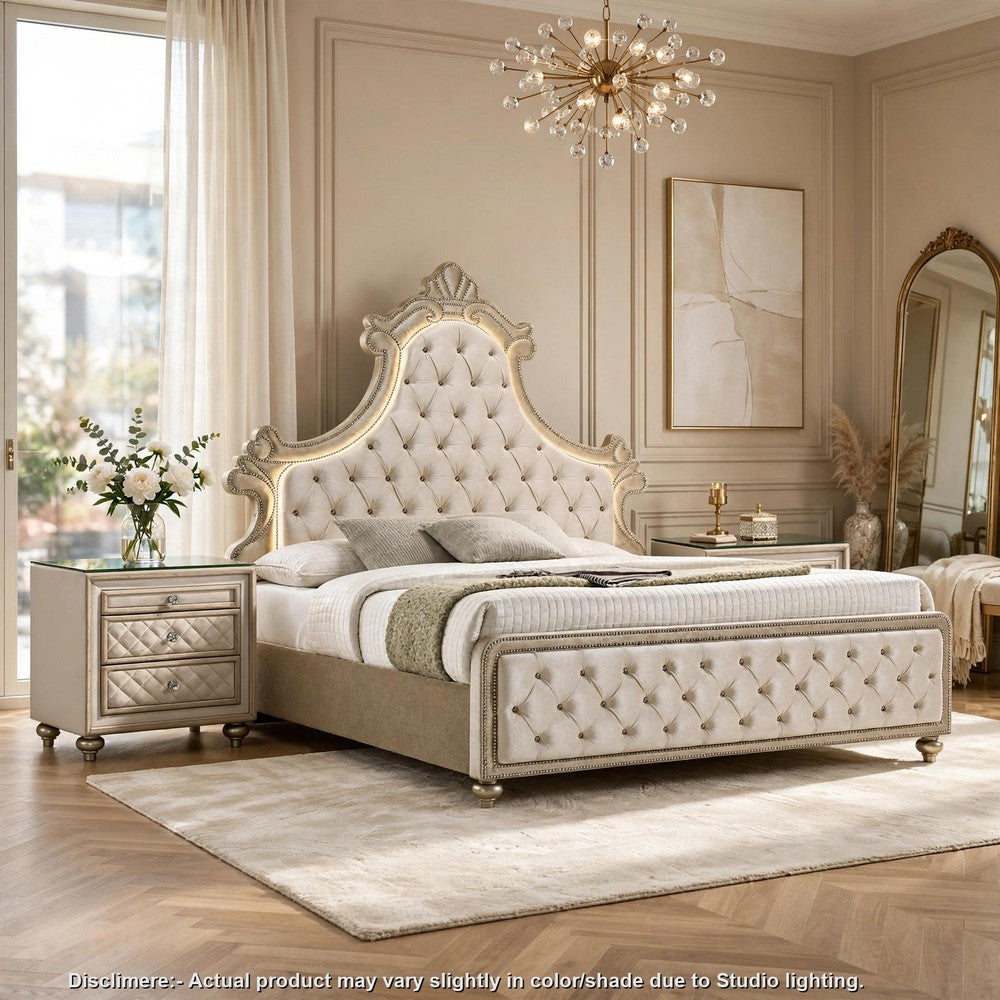 Queen Bedroom Set, Upholstered Design, Beige Brown, 3pc w 2 Nightstands
