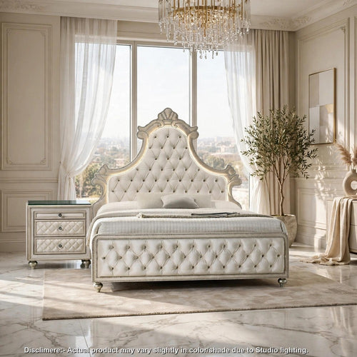 Queen Bedroom Set, Upholstered Design, Beige Brown, 2pc w Nightstand