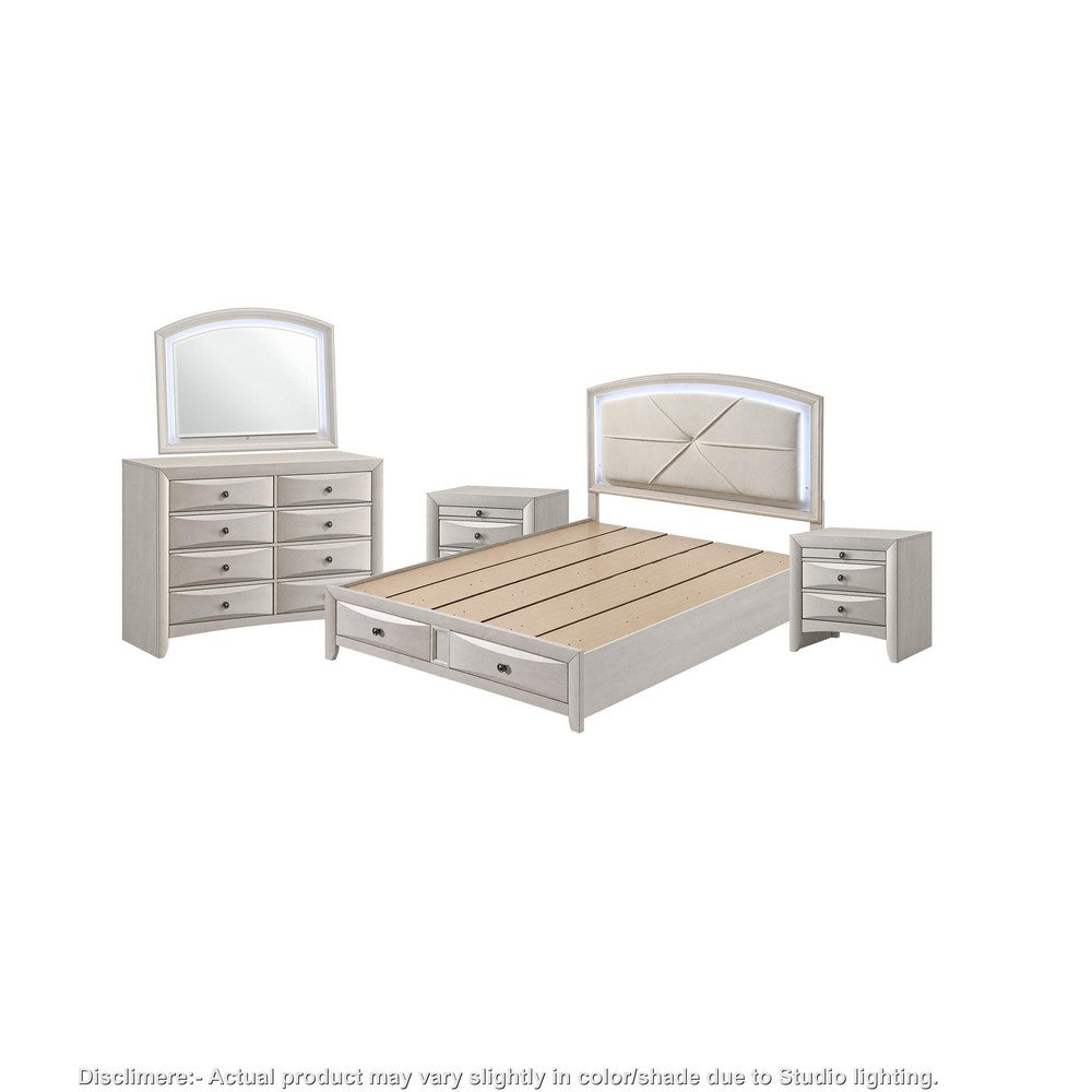 Queen Bedroom Set, Antique White Zinc, 5pc w 2 Nightstands, Dresser