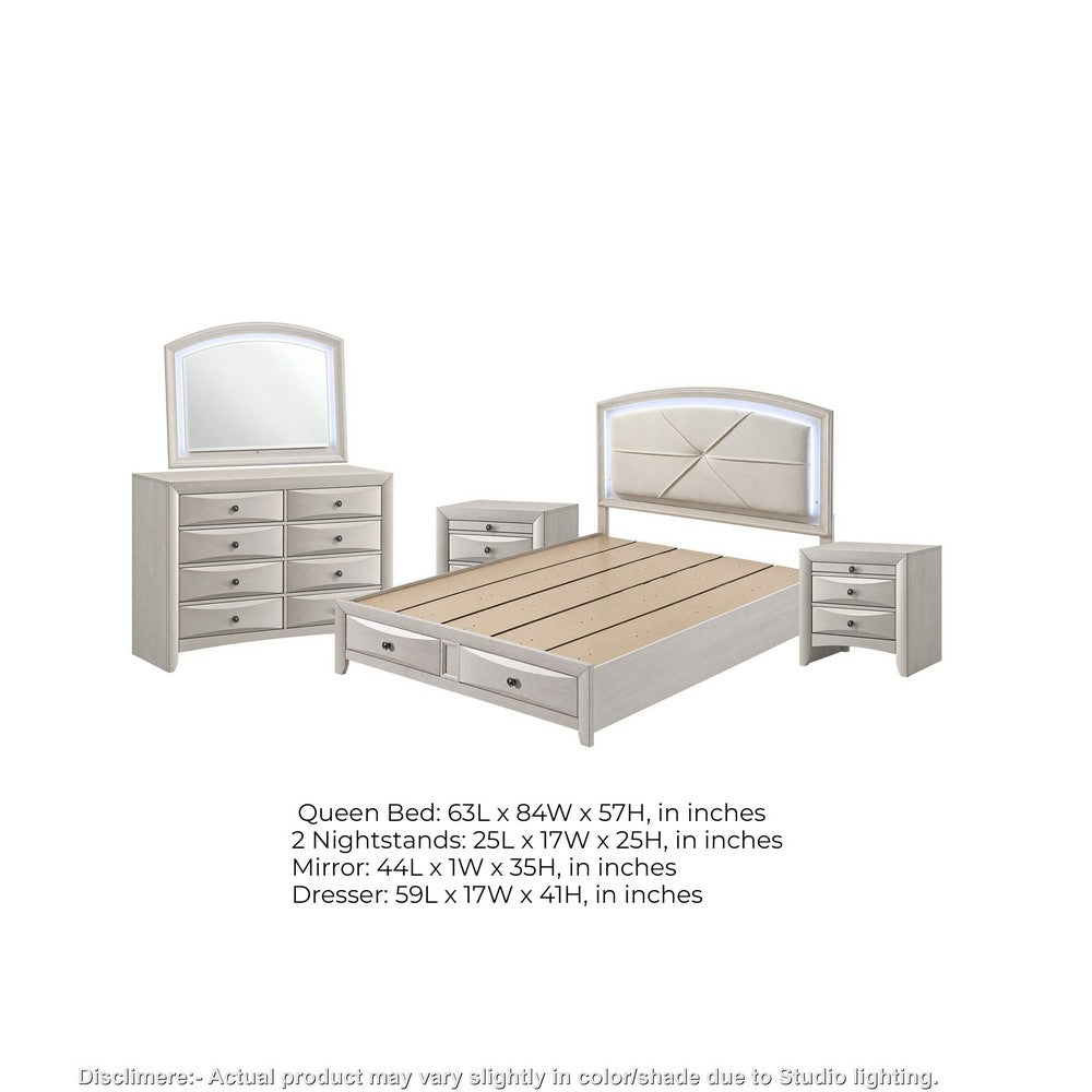 Queen Bedroom Set, Antique White Zinc, 5pc w 2 Nightstands, Dresser