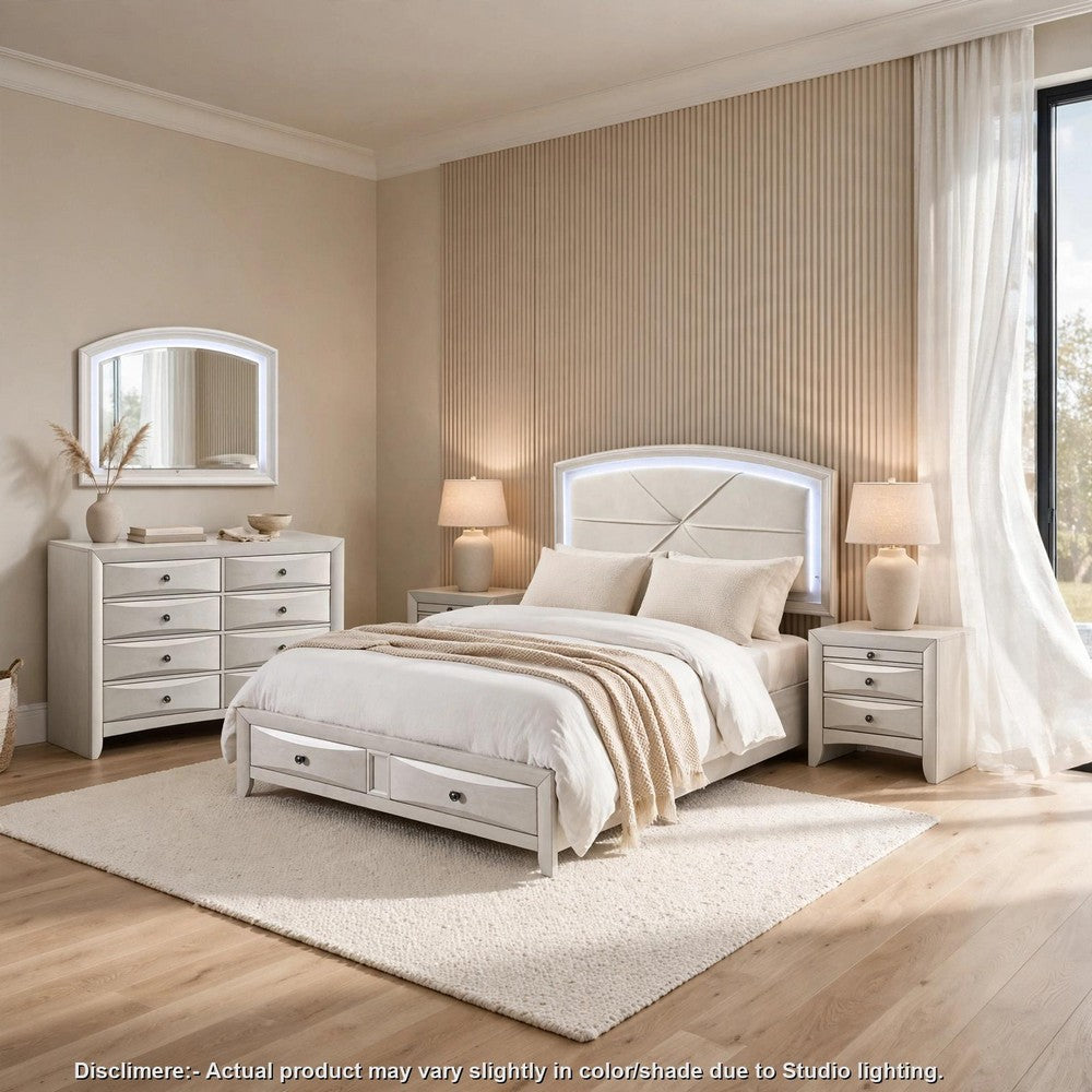 Queen Bedroom Set, Antique White Zinc, 5pc w 2 Nightstands, Dresser