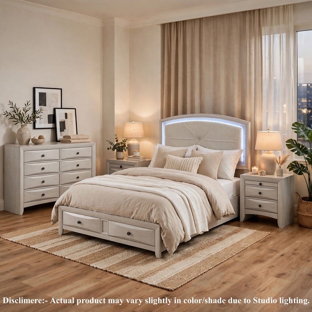 Queen Bedroom Set, Antique White Zinc, 4pc w 2 Nightstands, Dresser